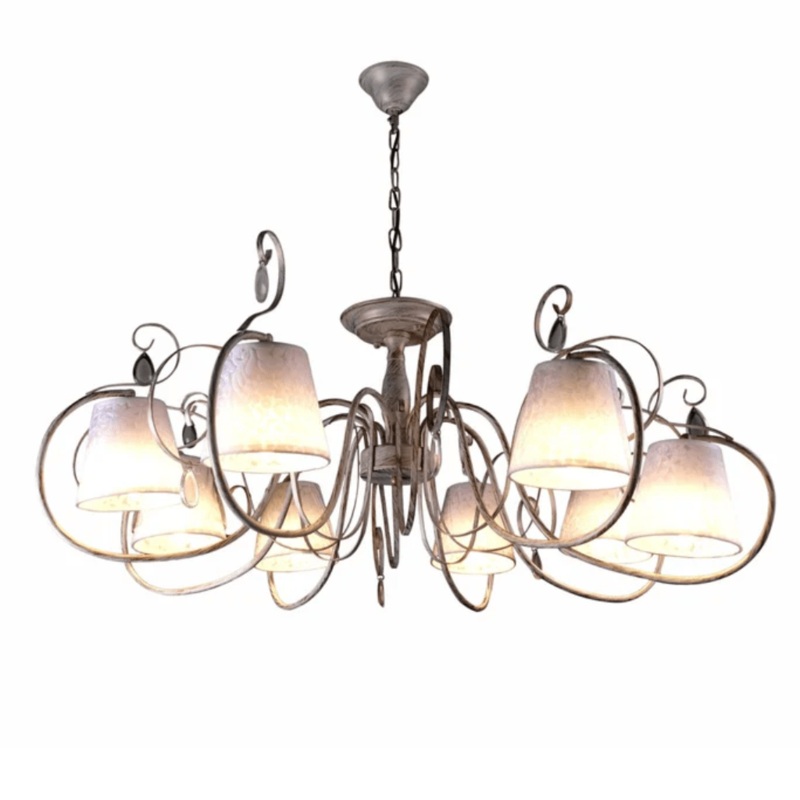 Creamy White Shade Rice White Gold Brushed Arm E14 Ceiling Chandelier Light  – 8 Candles