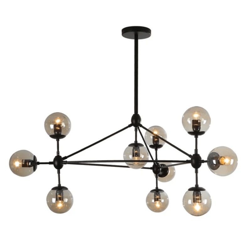 Molecule Shape Black Rod Metal Amber Glass Globe Chandelier Ceiling Light – 10 Globes
