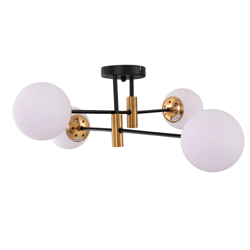 Opal 4 Lamp Glass Globe Gold and Black Metal Semi Flush Ceiling Light – 40W
