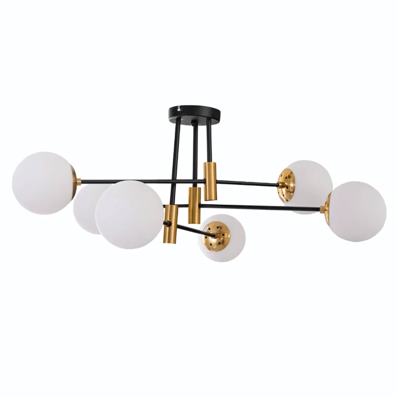 Opal 6 Lamp Glass Globe Gold and Black Metal Semi Flush Ceiling Light – 40W