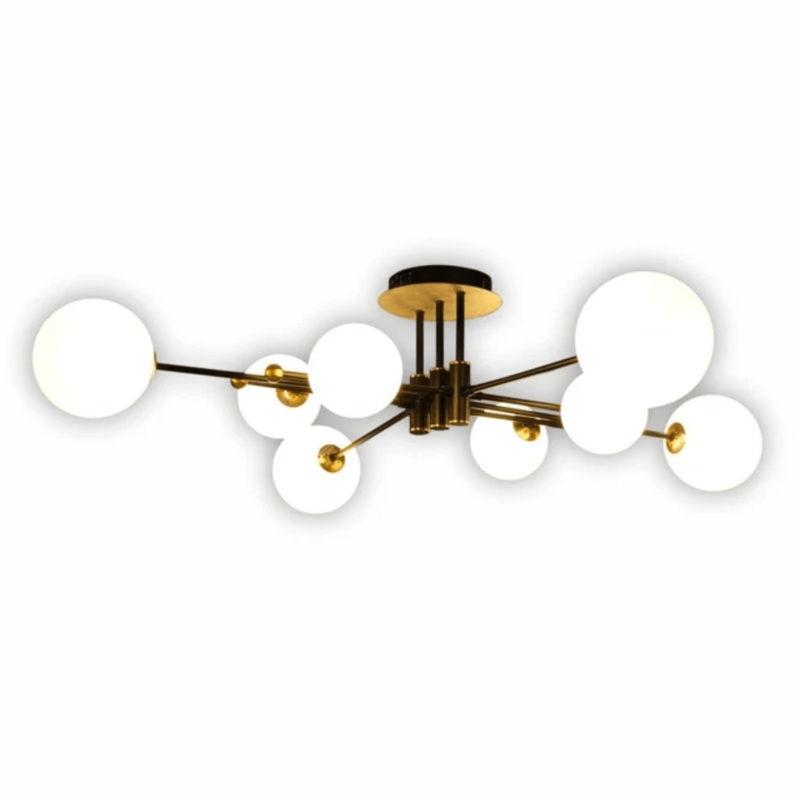 White Globe Glass Black Rod Body Semi Flush 8xG9 Ceiling Light