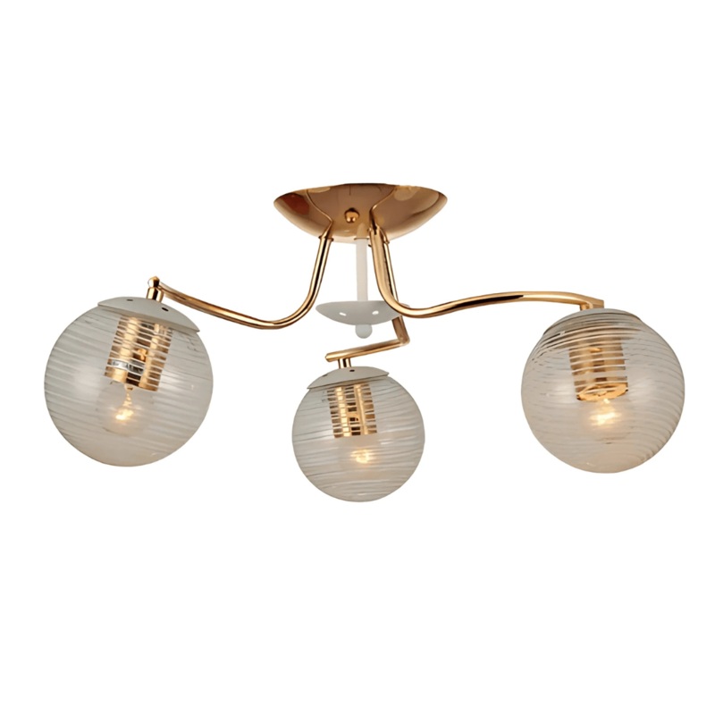 White Striped 3 Lamp Clear Globe Gold Semi Flush Ceiling Light – 40W