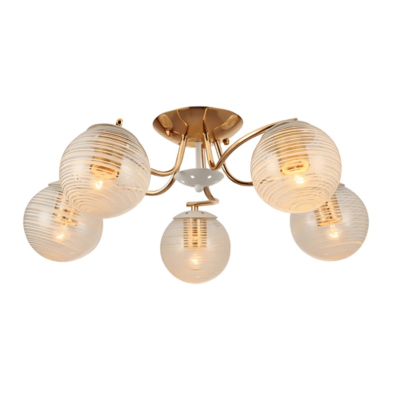 White Striped 5 Lamp Clear Globe Gold Semi Flush Ceiling Light – 40W