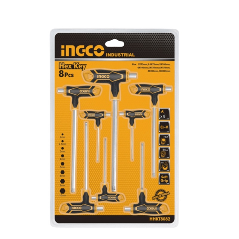 Ingco 8-Piece T-Handle Ball End Hex Key Set | Cr-V, Chrome-Plated – HHKT8082
