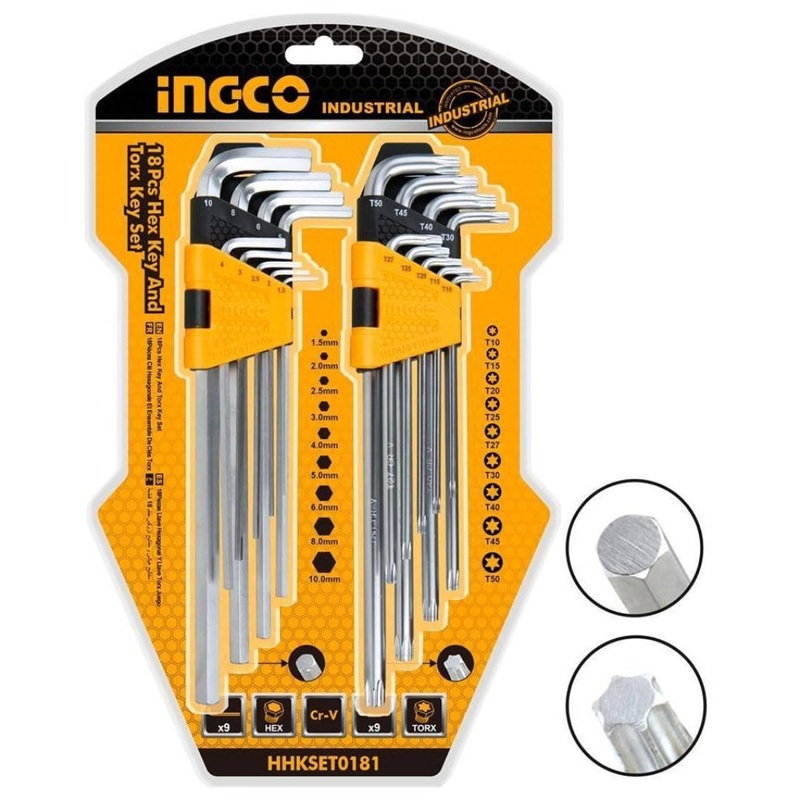 Ingco 18-Piece Hex Key & Torx Key Set with Extra-Long Arms – HHKSET0181