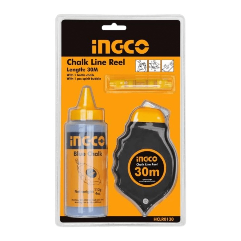 Ingco 30m Chalk Line Reel with Chalk & Spirit Bubble – HCLR0130