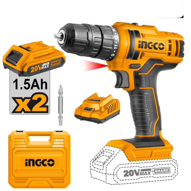 Ingco Lithium-Ion Cordless Drill with 20V 1.5Ah Batteries & Charger – CDLI20028