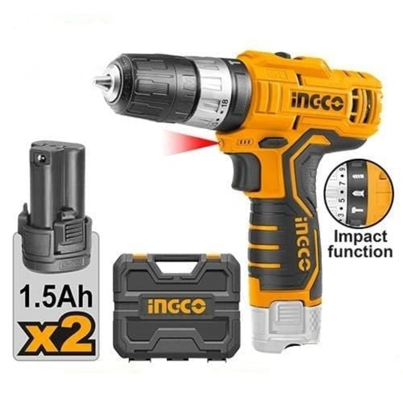 Ingco Lithium-Ion Cordless Hammer Impact Drill with Two 12V 1.5Ah Batteries & Charger – CIDLI12201
