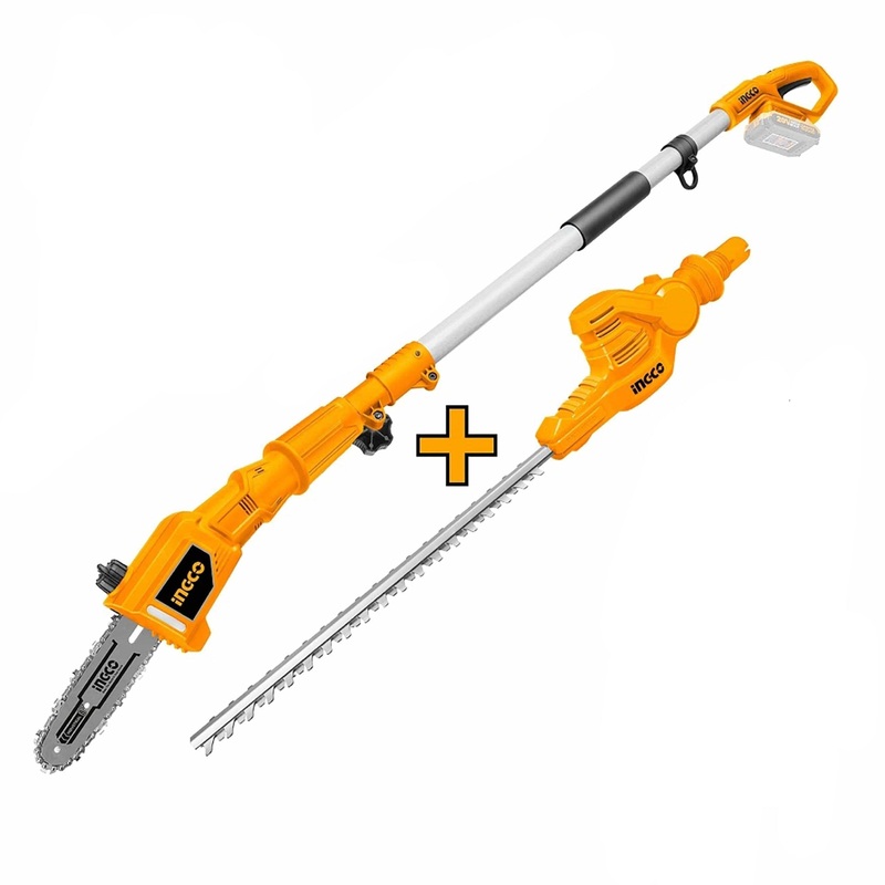 Ingco Lithium-Ion Cordless Pole Saw with Pole Hedge Trimmer with 20V 2.0Ah Battery & Charger – CPTS201681