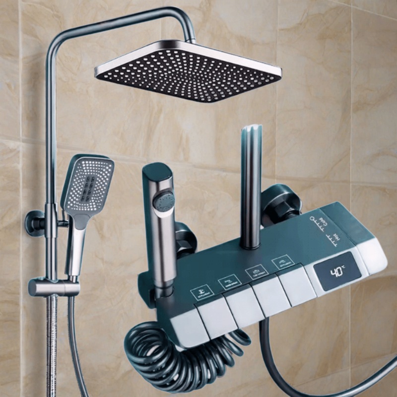 Doli Bathroom Matte Gun Grey Wall Mounted Four-Function Square Rain Shower Set with Temperature Reader & Timer – 6BN