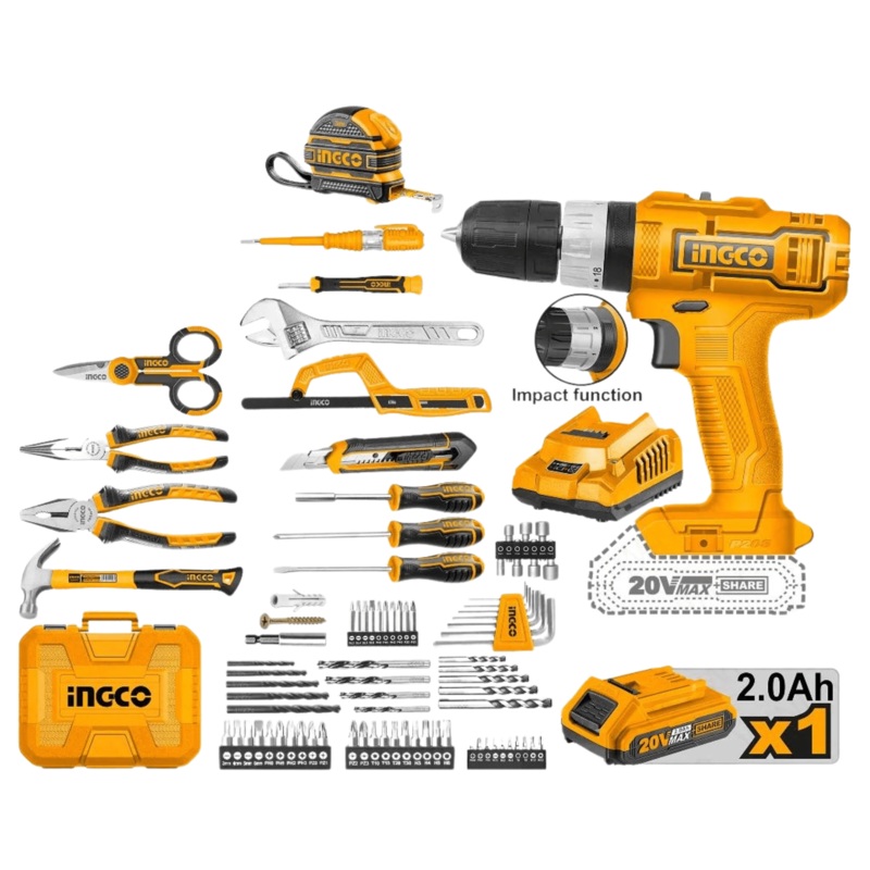 Ingco 165-Piece Tool Set with 20V Lithium-Ion Cordless Impact Drill  HKTHP11651