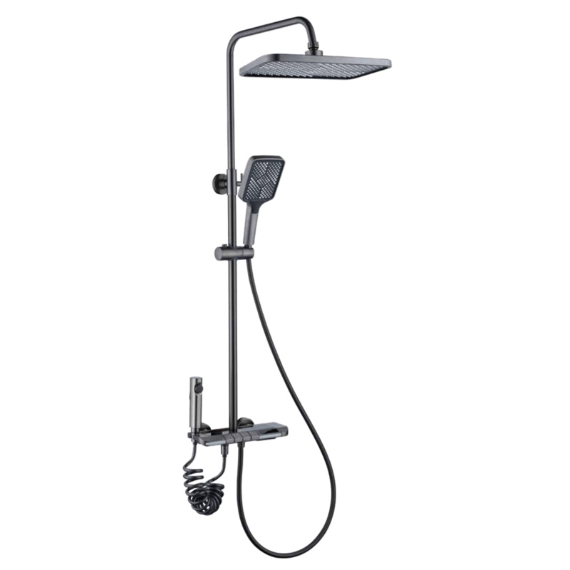 WK Bathroom Gun Grey Wall Mounted Four-Function Square Rain Shower Set with LED, Temperature Reader & Timer – K-8869Q