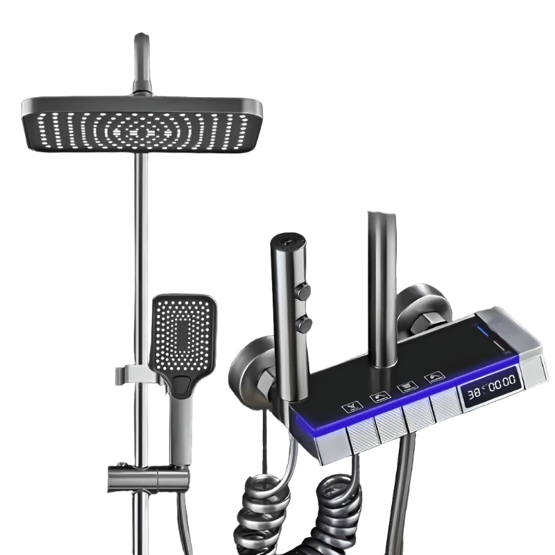 Doli Bathroom Grey Wall Mounted Four-Function Rain Shower Set with LED, Temperature Reader & Timer – 5BN