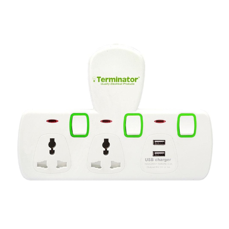 Terminator 2-Way T-Socket Multi Adaptor with 2 USB – TMA 2T-2USB