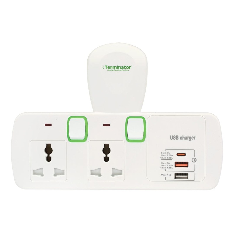 Terminator 2-Way T-Socket Multi Adaptor with 3 USB (A&C Type) – TMA 2T-3UAC