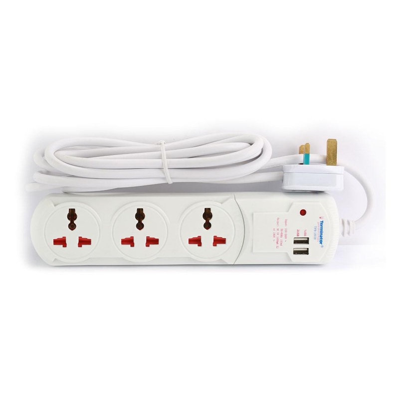 Terminator 3-Way Universal Power Extension Socket with USB – TPB 13U2I