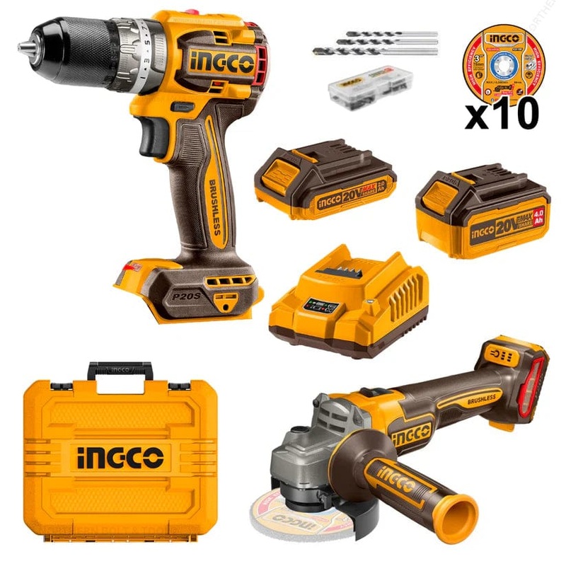 Ingco 20V Lithium-Ion Cordless Angle Grinder & Hammer Impact Drill Combo Kit  CKLI20273
