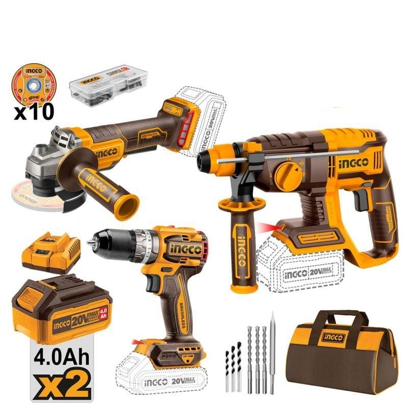 Ingco 20V Lithium-Ion Cordless Rotary Hammer, Angle Grinder & Impact Drill Combo Kit Set – COSLI240202