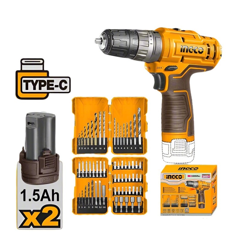 Ingco 12V Lithium-Ion Impact Drill Kit with Drill Bits & Screwdriver Bits Set  COSLI23114