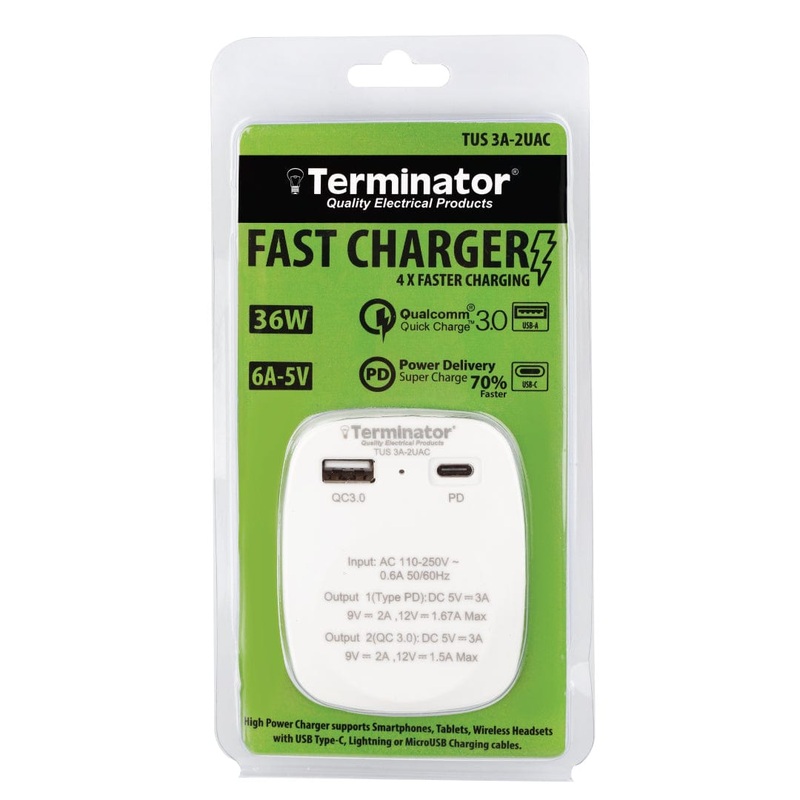 Terminator 2 Port A&C Type USB Fast Charger 38W – TUS 3A-2UAC