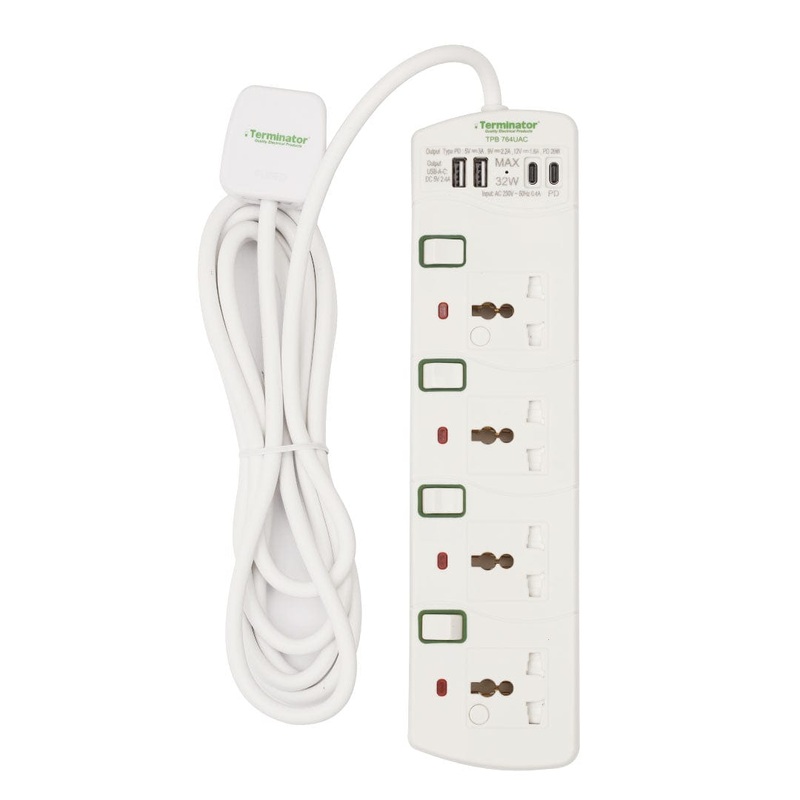 Terminator 4-Way Universal Power Extension Socket with USB – TPB 764UAC-3M