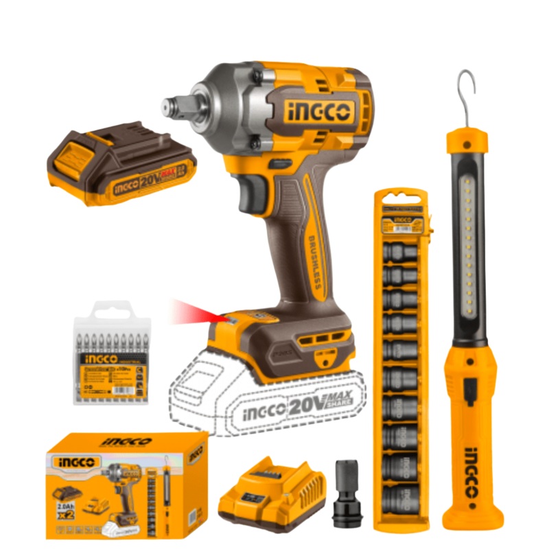 Ingco Cordless Impact Wrench 400Nm + Two 20V Batteries + Socket Set + Work Lamp – COSLI23048