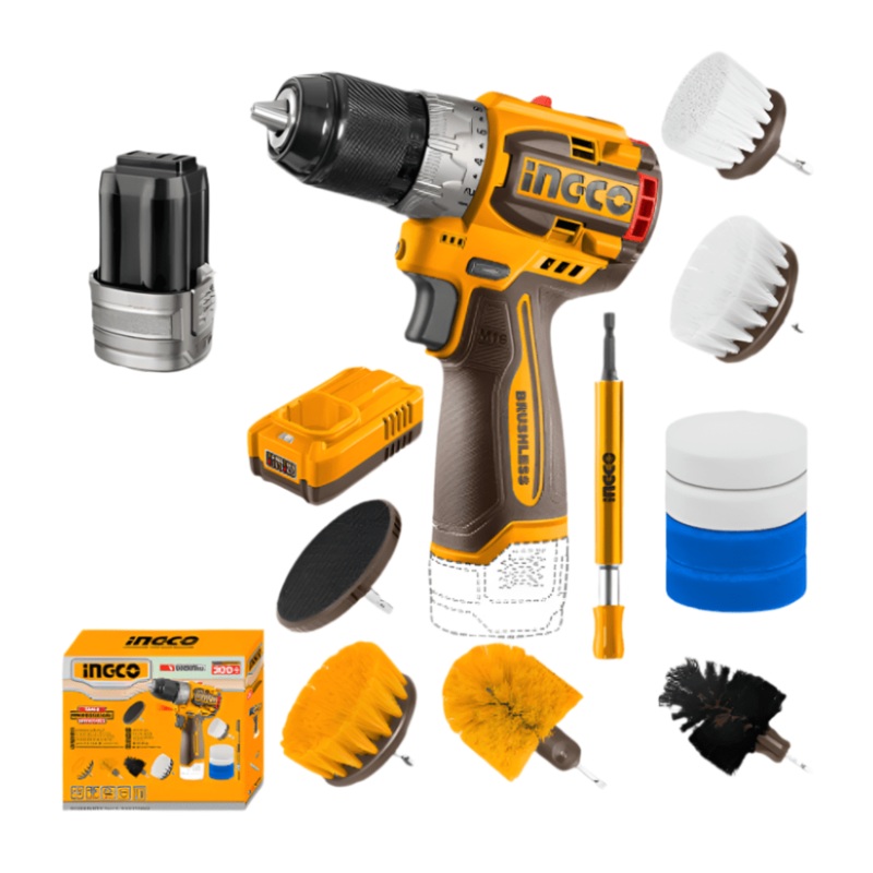 Ingco Lithium-Ion Cordless Drill 16V 60Nm + 2 Pieces 20V Batteries + 11 Pieces Cleaning Brush Set – COSLI240786