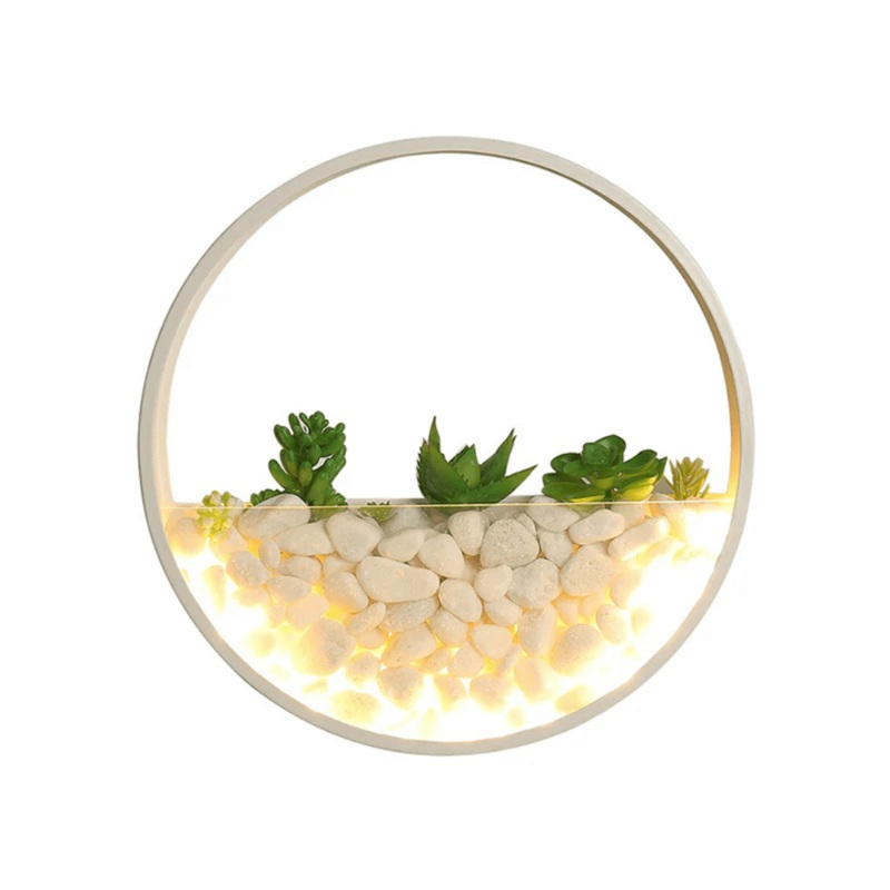 Metal Halo Led Sconce Wall Mounted Light with Cobblestone & Imitation Plant