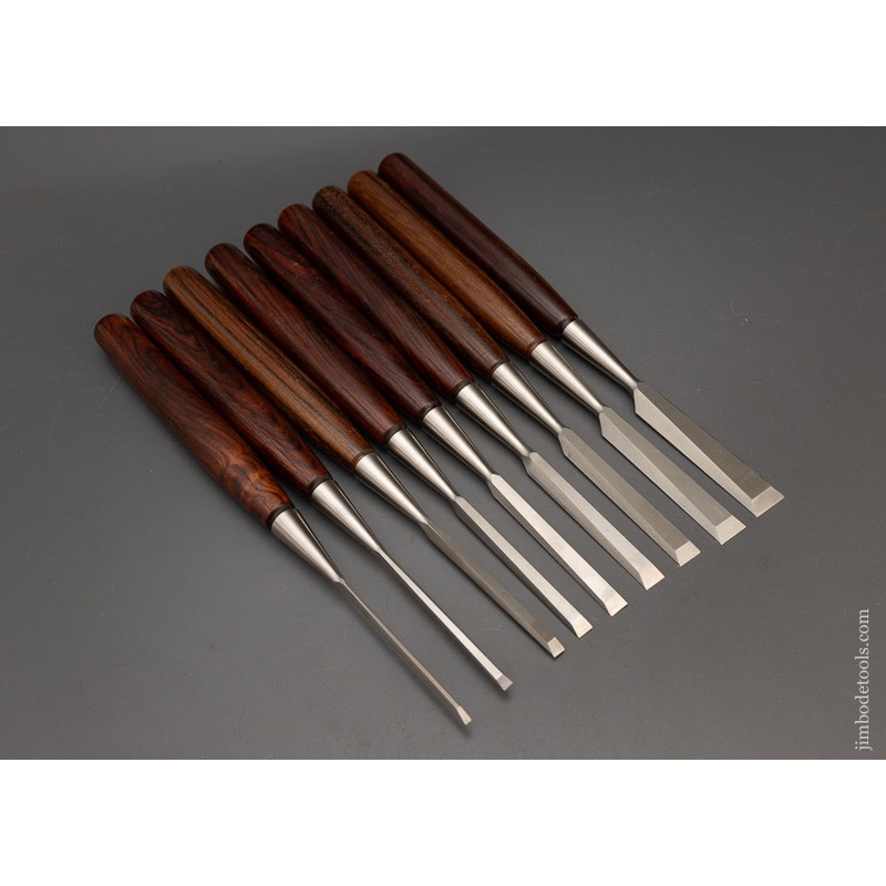 Remarkable Mint Set of 9 Discontinued LIE NIELSEN Bevel Edge Socket Chisels with Extra Long Cocobolo Handles – 115528 – AS OF MAR 19