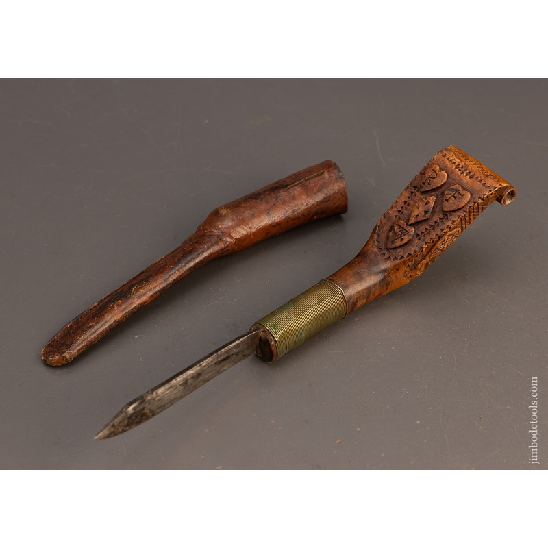 Stunning Hand Carved Native American Crooked Knife with Hearts & Snow Shoes & Sheath – EXCELSIOR 115712