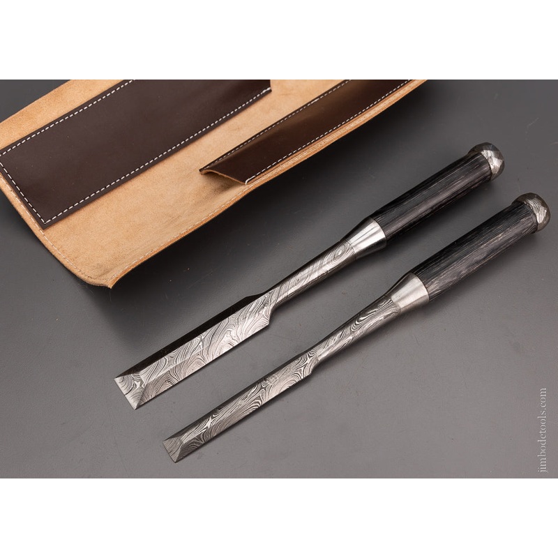 Stout Pair of Heavy Framing Chisels Japanese Style Damascus 1 Inch & 5/8 Inch Sizes — 104545