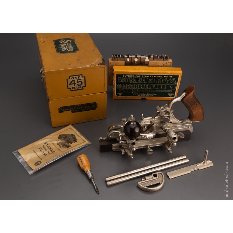 STANLEY No. 45 Combination Plow Plane Dead Mint & 100% Complete in Original Tin Box – 105091