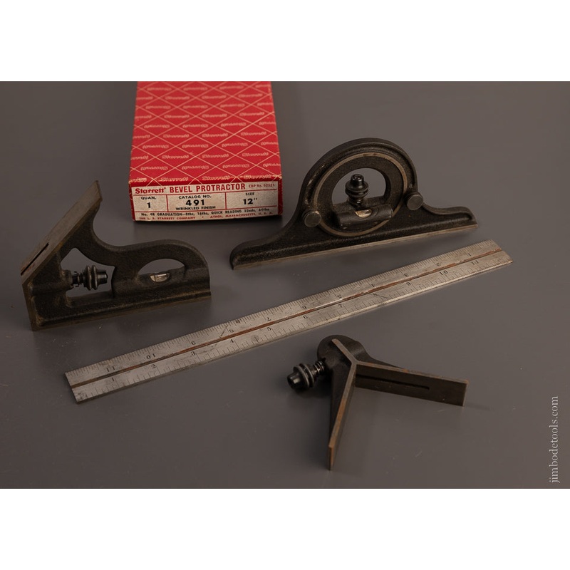 STARRETT No. 491 Bevel Protractor Combination Set Mint in Box – 106974