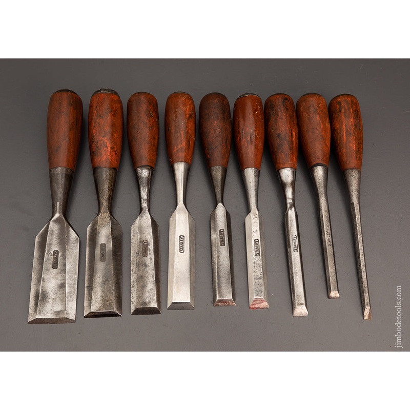 Very Rare Graduated Set of 9 STANLEY No. 1005 Composite Wood Grain Everlasting Chisels * 102277