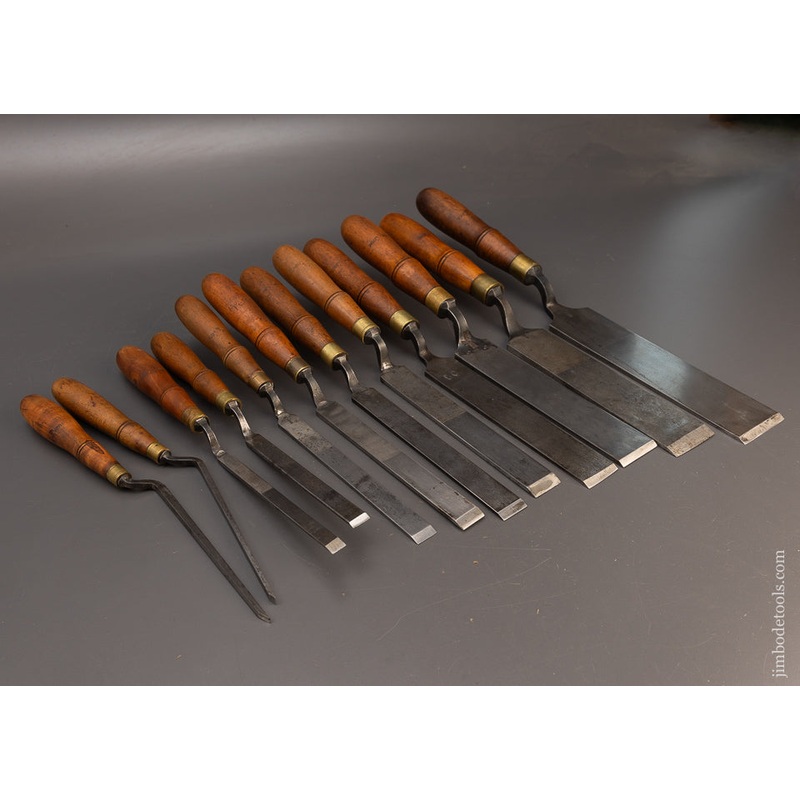 Remarkable Complete Graduated Set of 12 BUCK BROS. Pattern Makers Crank Neck Paring Chisels – 116225 – AS OF JUNE 1