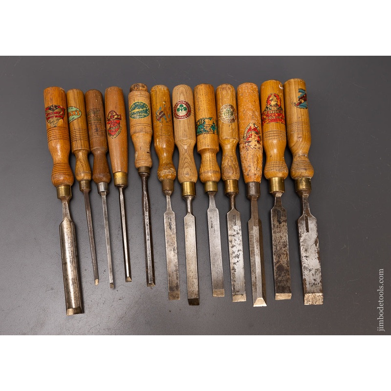 12 Assorted English Chisels with Original Handle Decals – 110061