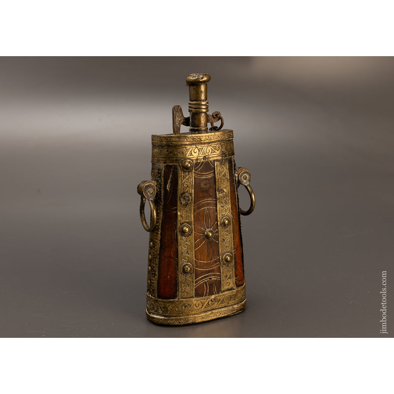 Stunning & Ancient Ornate Wood & Brass Powder Horn – EXCELSIOR 110626