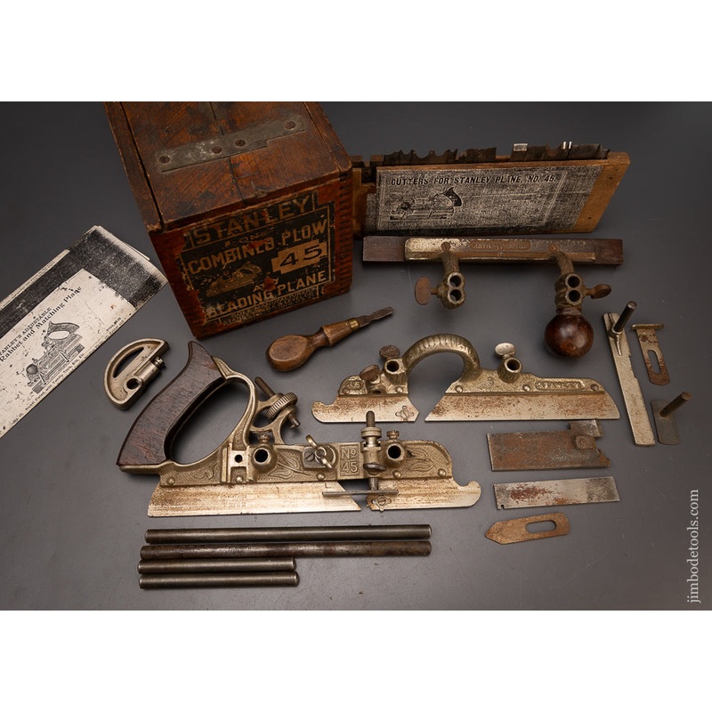 100% Complete Type 8 STANLEY No. 45 Combination Plow Plane in Box 1907- 08 – 111703