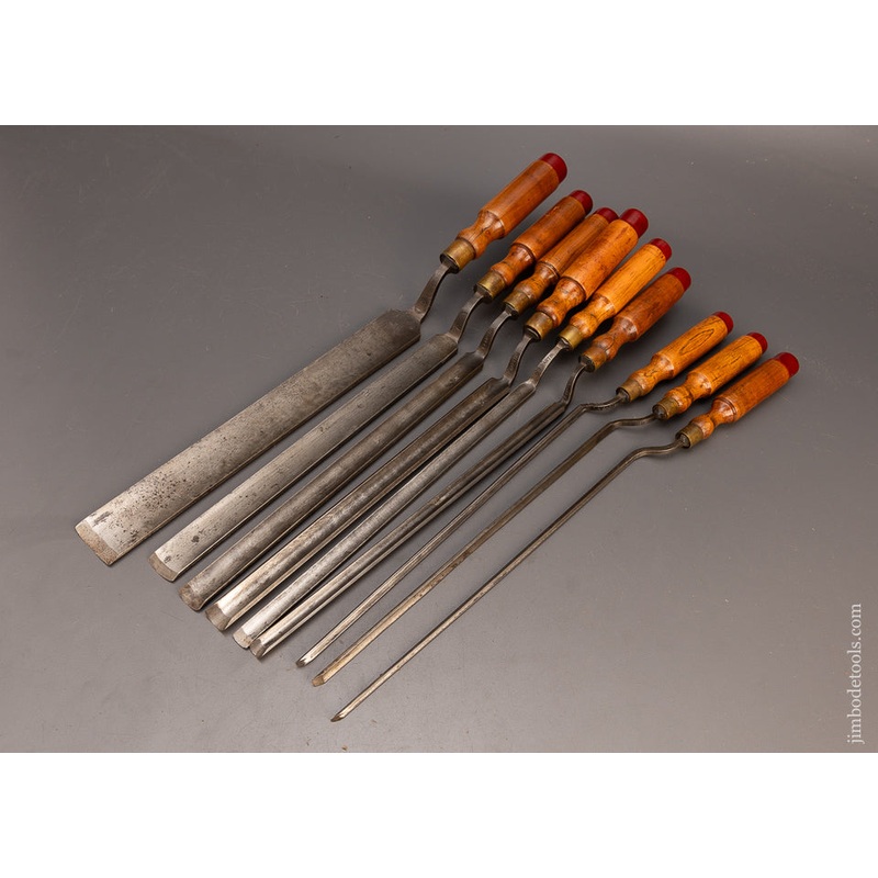 Ridiculously Long Set of 9 D.R. BARTON 1832 Pattern Makers Crank Neck Paring Gouges – 114270