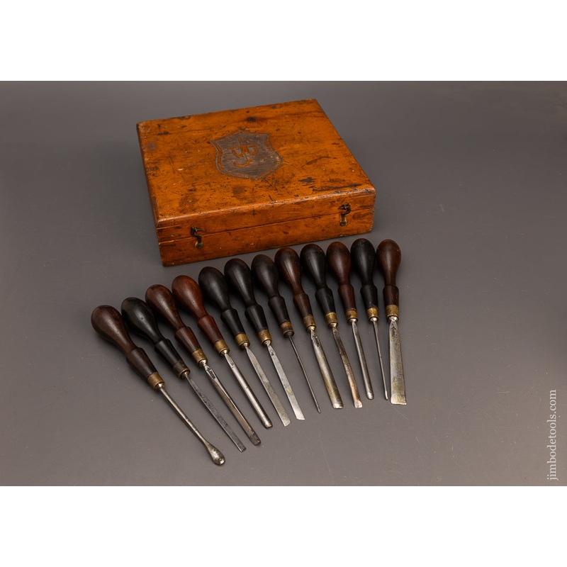 Stunning Rosewood & Ebony Handled Set of MARPLES Carving Chisels (12) in Original Box – EXCELSIOR 114630