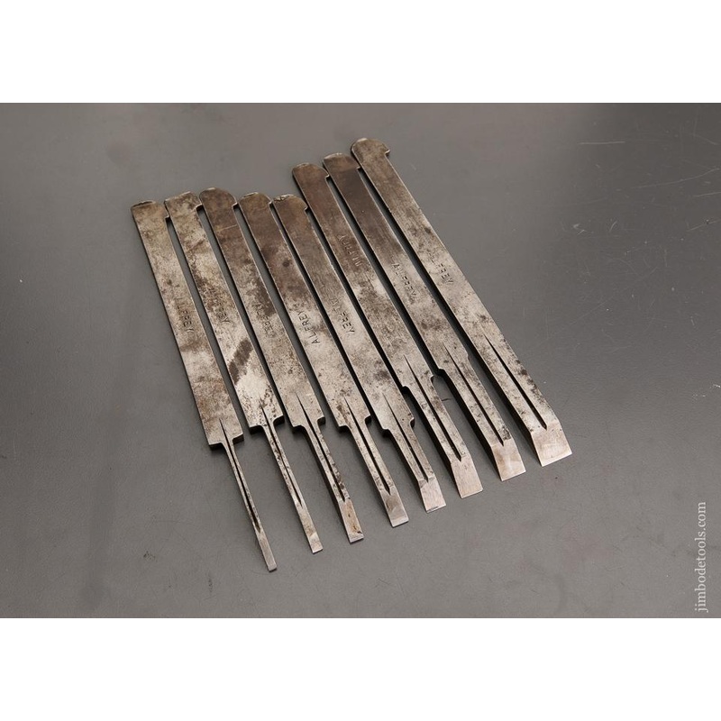 Set of Eight Graduated W. BUTCHER Plow/Plough Plane Irons – 93245