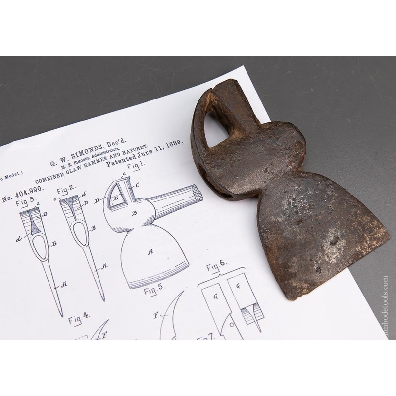 Rare G.W. SIMONDS Patent Combined Claw Hammer and Hatchet 1889 – 94643