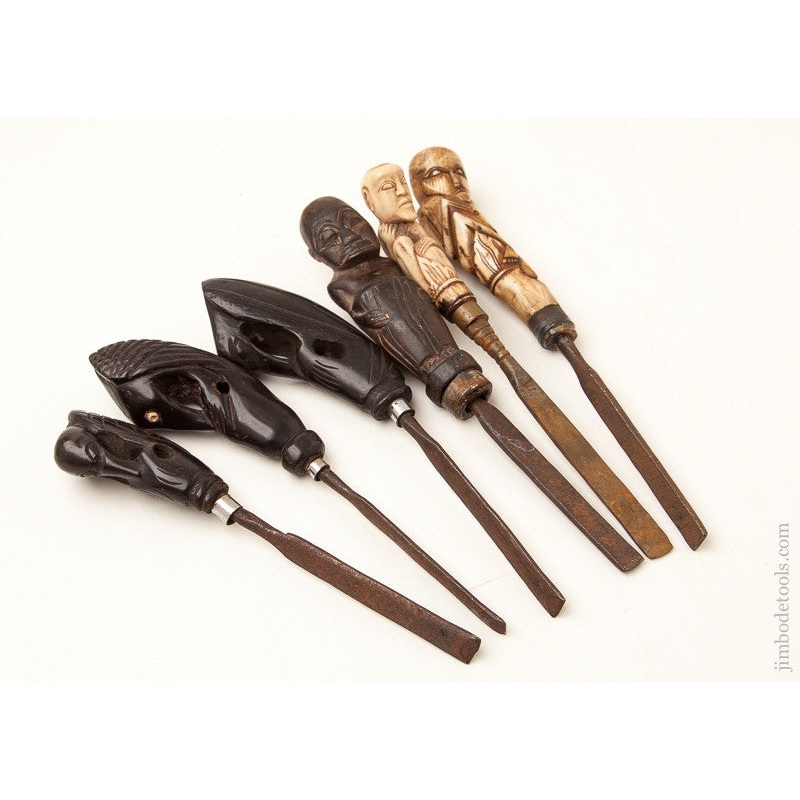 Wonderful Collection of Six Primitive Areca Tools with Carved Handles — 71403U